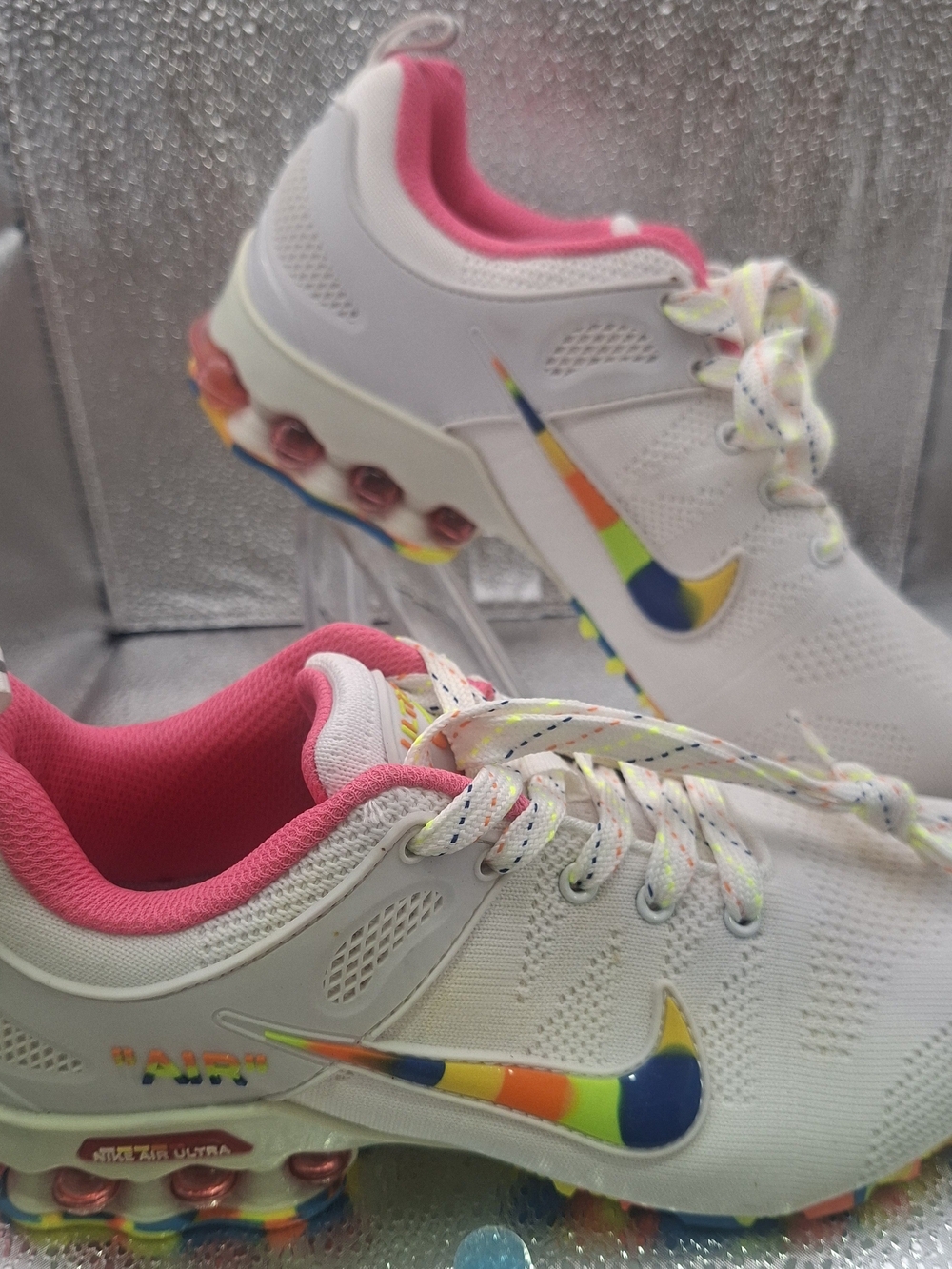 Nike Kids White Sneakers with Pink Lining and Rainbow Swoosh